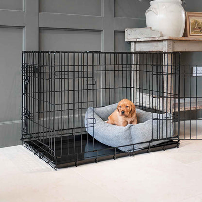  Cosy & Calm Puppy Crate Bed, The Perfect Dog Crate Accessory For The Ultimate Dog Den! In Stunning Pewter Herringbone Tweed! Available To Personalise at Lords & Labradors 