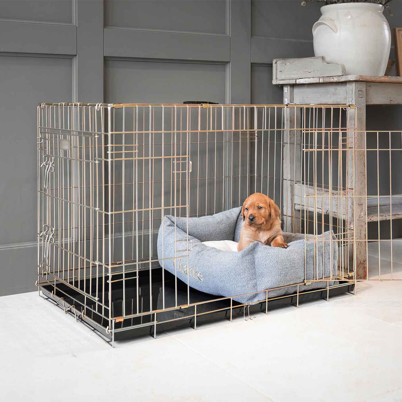 Discover Our Heavy-Duty Dog Crate With Pewter Herringbone Cosy & Calming Puppy Crate Bed Set! The Perfect Crate Bed For Pet Burrow. Available To Personalise Here at Lords & Labradors