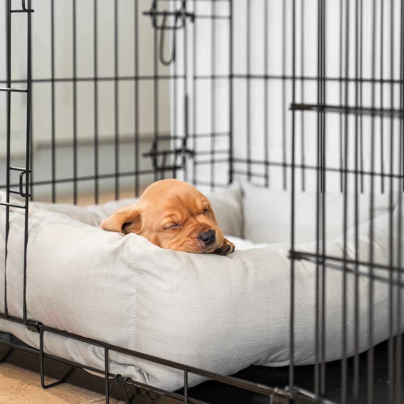  Cosy & Calm Puppy Crate Bed, The Perfect Dog Crate Accessory For The Ultimate Dog Den! In Stunning Savanna Stone! Available To Personalise at Lords & Labradors 