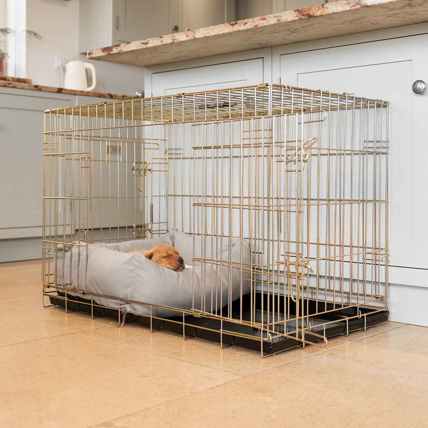 Cosy & Calm Puppy Crate Bed, The Perfect Dog Crate Accessory For The Ultimate Dog Den! In Stunning Savanna Stone! Available To Personalise at Lords & Labradors 