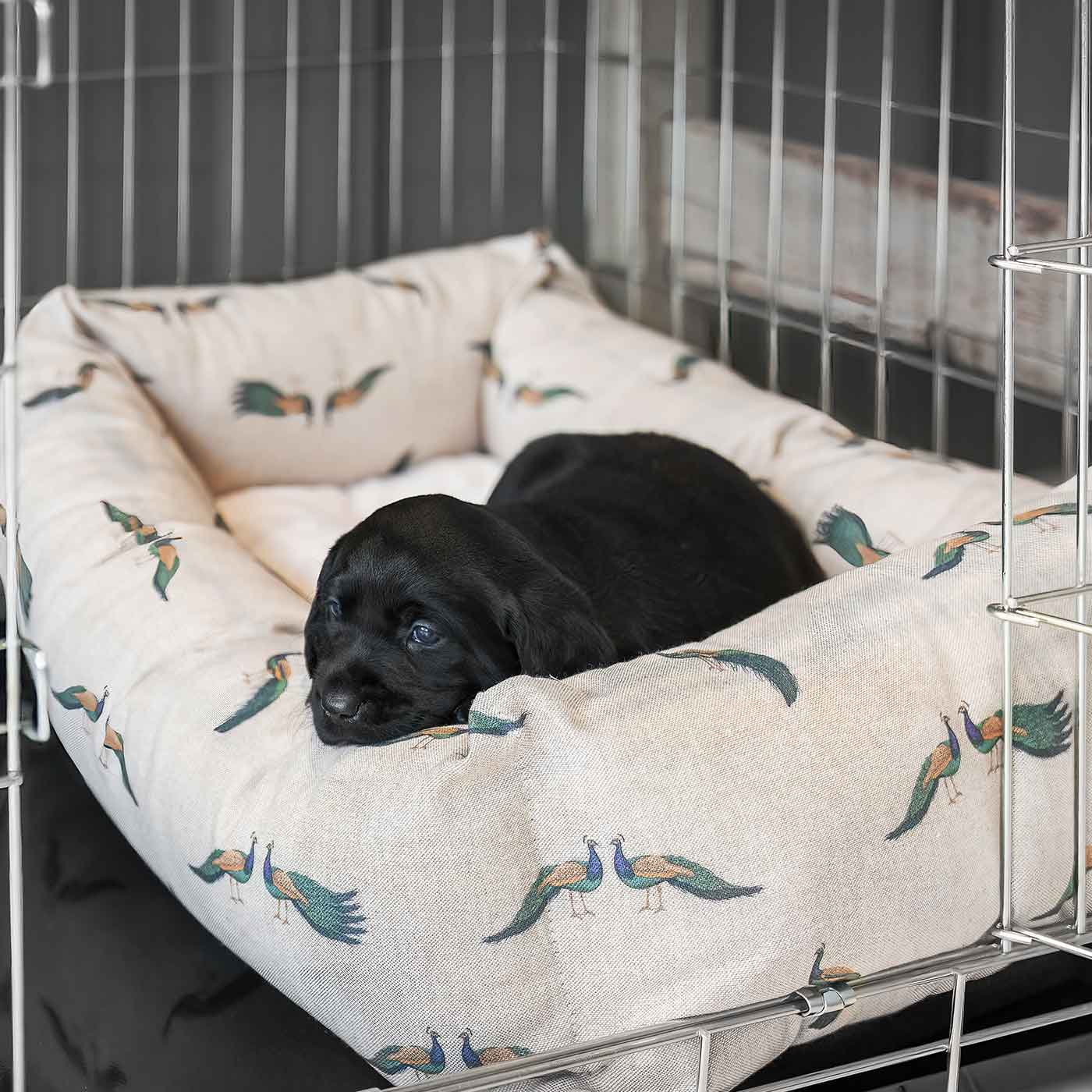  Cosy & Calm Puppy Crate Bed, The Perfect Dog Crate Accessory For The Ultimate Dog Den! In Stunning Woodland Peacock! Available To Personalise at Lords & Labradors 