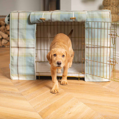 Discover our Luxury Dog Crate Cover, in Balmoral Duck Egg Tweed. The Perfect Dog Crate Accessory, Available To Personalise Now at Lords & Labradors