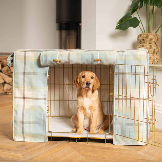 Discover Our Heavy-Duty Dog Crate With Duck Egg Tweed Crate Cover! The Perfect Crate Accessory For The Ultimate Pet Den. Available To Personalise Here at Lords & Labradors 