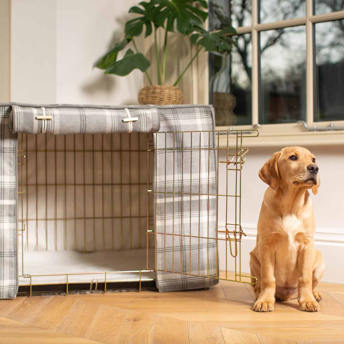 Discover Our Heavy-Duty Dog Crate With Dove Grey Tweed Crate Cover! The Perfect Crate Cover For The Perfect Crate Accessory. Available To Personalise Here at Lords & Labradors 