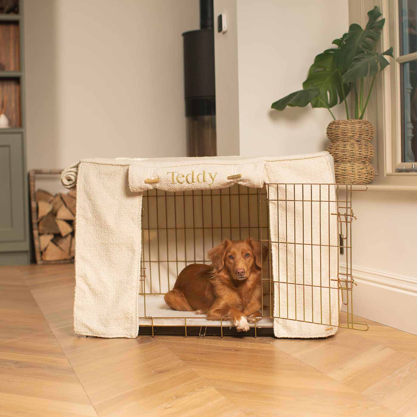 Discover our Luxury Dog Crate Cover, in Ivory Boucle. The Perfect Dog Crate Accessory, Available To Personalise Now at Lords & Labradors