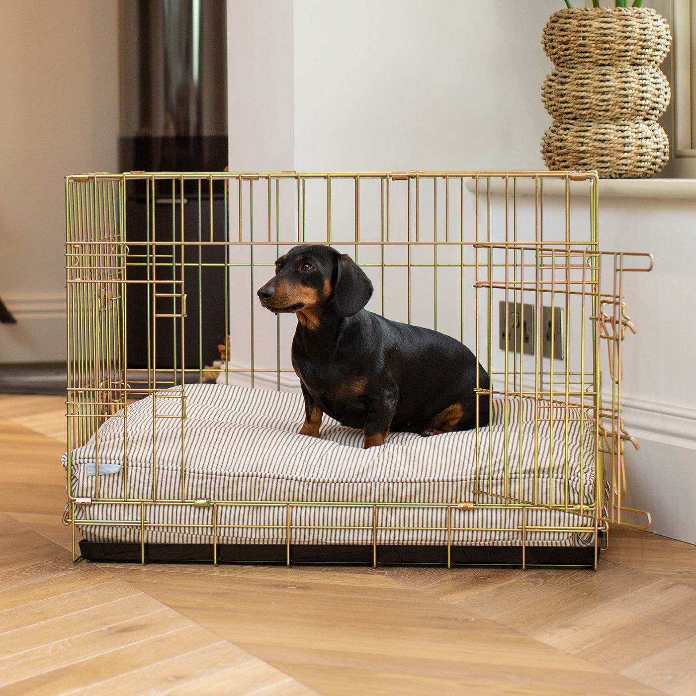 Discover Our Heavy-Duty Dog Crate With Spots & Stripes Regency Stripe Cushion! The Perfect Crate Accessories. Available To Personalise Here at Lords & Labradors
