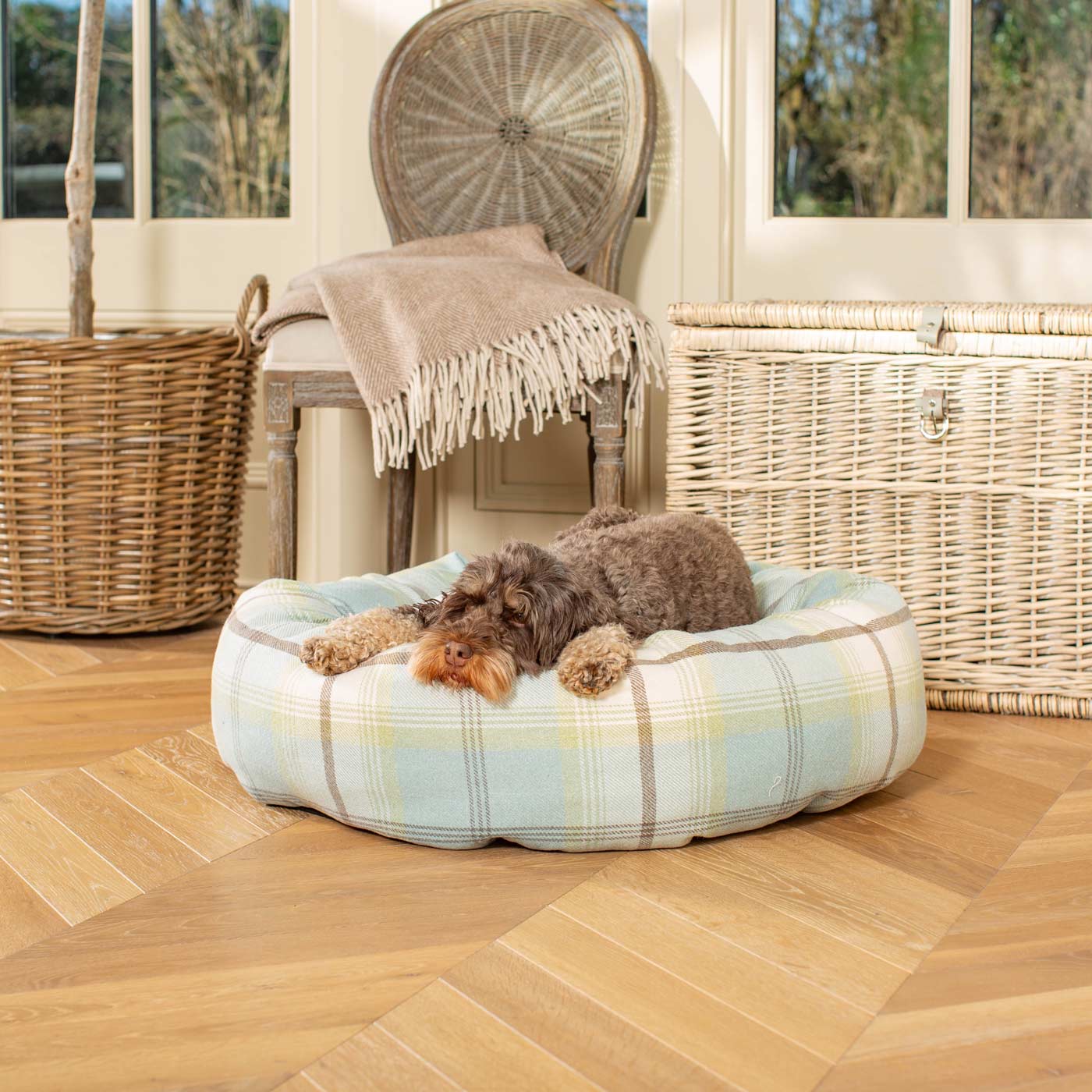 Discover Our Handmade Luxury Donut Dog Bed, In Duck Egg Tweed, The Perfect Choice For Puppies Available Now at Lords & Labradors 