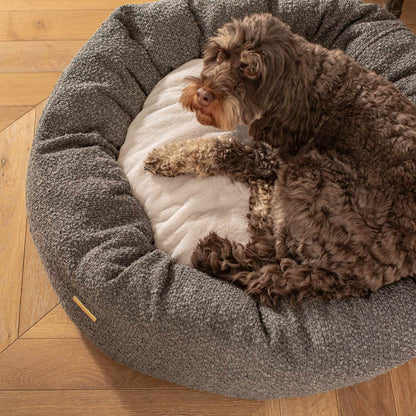 Discover Our Handmade Luxury Donut Dog Bed, In  Granite Bouclé, The Perfect Choice For Puppies Available Now at Lords & Labradors