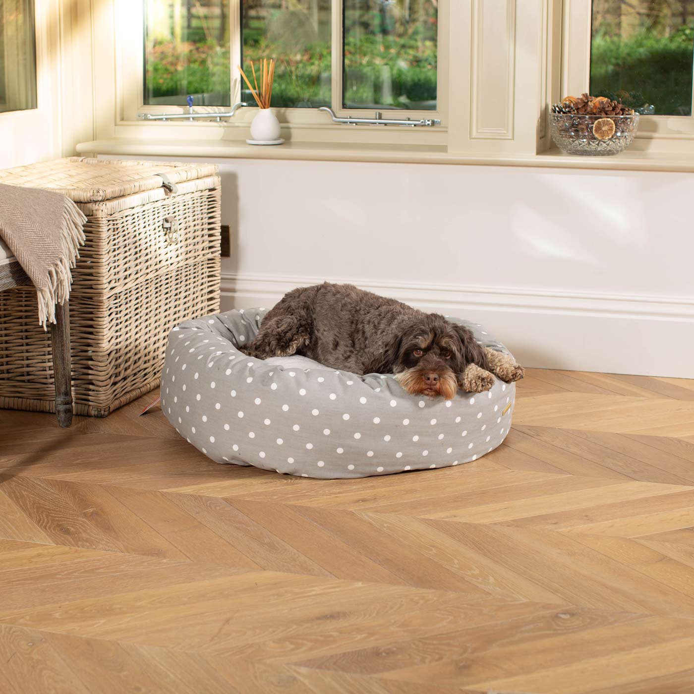 Discover Our Handmade Luxury Donut Dog Bed, In Grey Spot, The Perfect Choice For Puppies Available Now at Lords & Labradors 