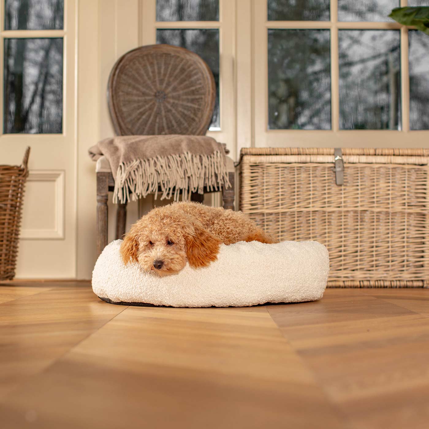 Discover Our Handmade Luxury Donut Dog Bed, In  Ivory Bouclé, The Perfect Choice For Puppies Available Now at Lords & Labradors