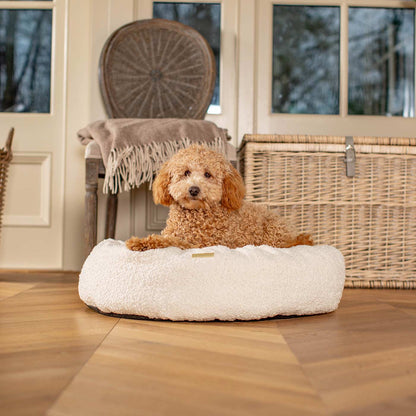 Discover Our Handmade Luxury Donut Dog Bed, In  Ivory Bouclé, The Perfect Choice For Puppies Available Now at Lords & Labradors