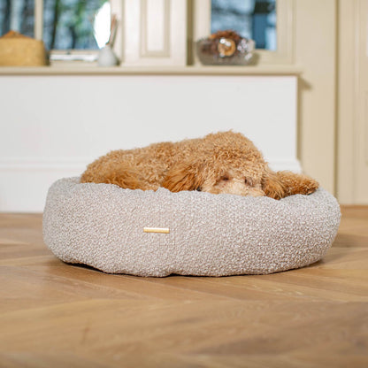 Discover Our Handmade Luxury Donut Dog Bed, In  Mink Bouclé, The Perfect Choice For Puppies Available Now at Lords & Labradors