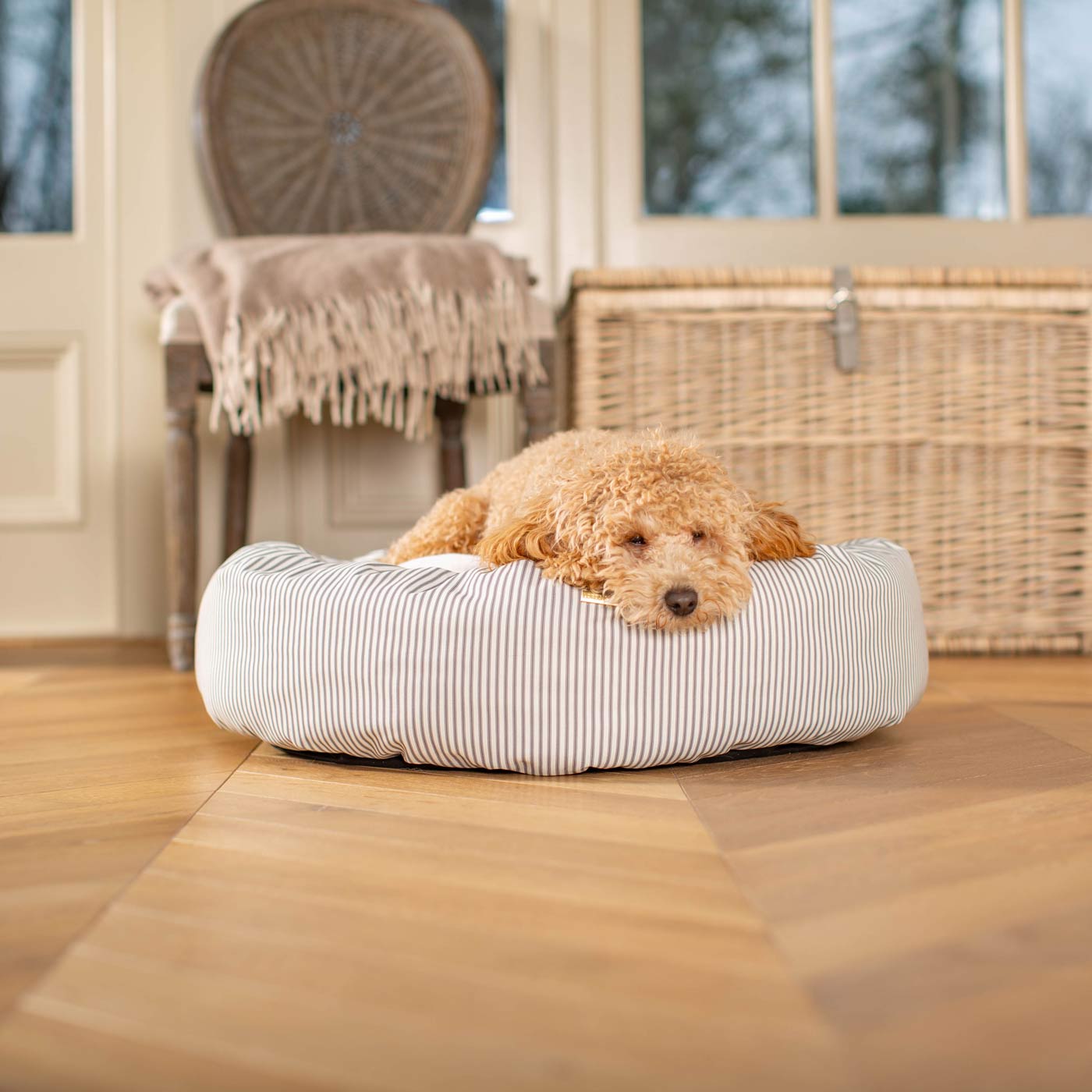 Discover Our Handmade Luxury Donut Dog Bed, In Regency Stripe, The Perfect Choice For Puppies Available Now at Lords & Labradors