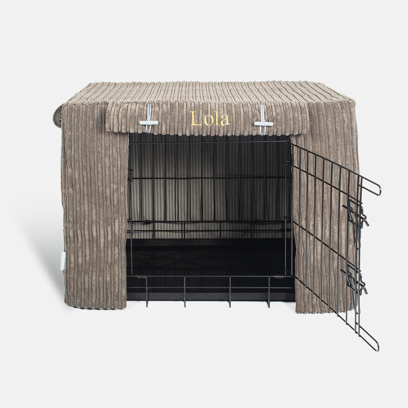 Discover our Luxury Dog Crate Cover, in Dark Grey Essentials Plush. The Perfect Dog Crate Accessory, Available To Personalise Now at Lords & Labradors
