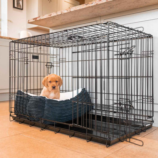  Cosy & Calm Puppy Crate Bed, The Perfect Dog Crate Accessory For The Ultimate Dog Den! In Stunning Navy Essentials Plush! Available To Personalise at Lords & Labradors 