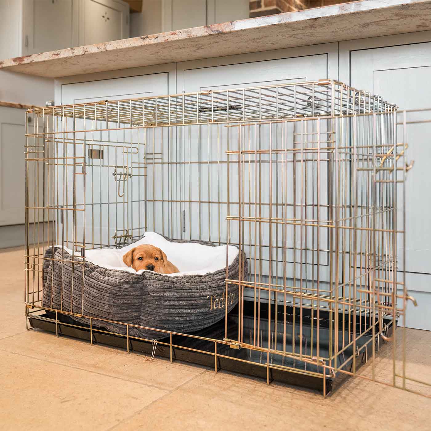  Cosy & Calm Puppy Crate Bed, The Perfect Dog Crate Accessory For The Ultimate Dog Den! In Stunning Dark Grey Essentials Plush! Available Now at Lords & Labradors