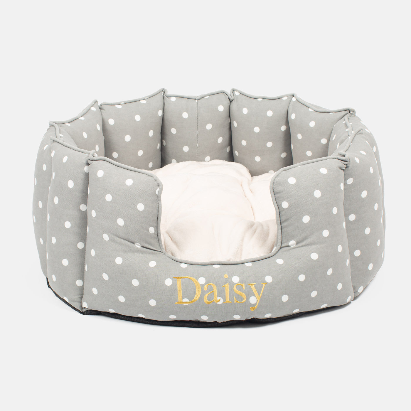 Discover Our Luxurious High Wall Bed For Dogs & Puppies, Featuring Reversible Inner Cushion With Teddy Fleece To Craft The Perfect Dog Bed In Stunning Grey Spot! Available To Personalise Now at Lords & Labradors 