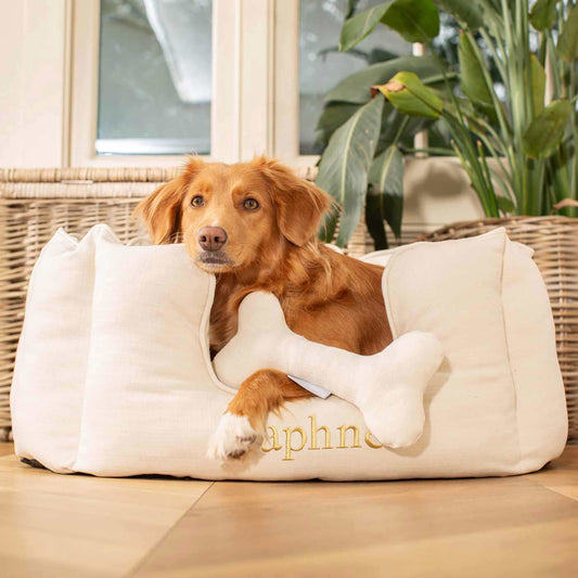 Discover Our Luxurious High Wall Bed For Dogs, Featuring inner pillow with plush teddy fleece on one side To Craft The Perfect Dogs Bed In Stunning Savanna Bone! Available To Personalise Now at Lords & Labradors    