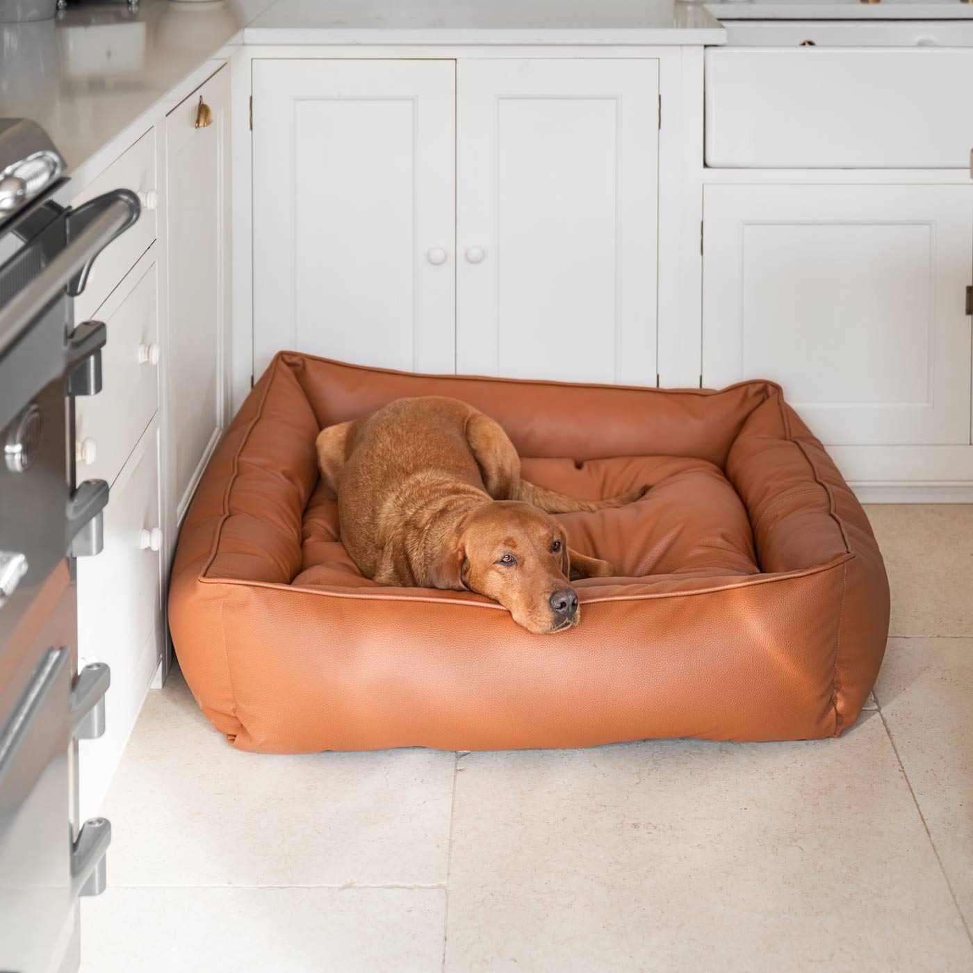Luxury Handmade Box Bed in Rhino Tough Faux Leather, in Ember, Perfect For Your Pets Nap Time! Available To Personalise at Lords & Labradors