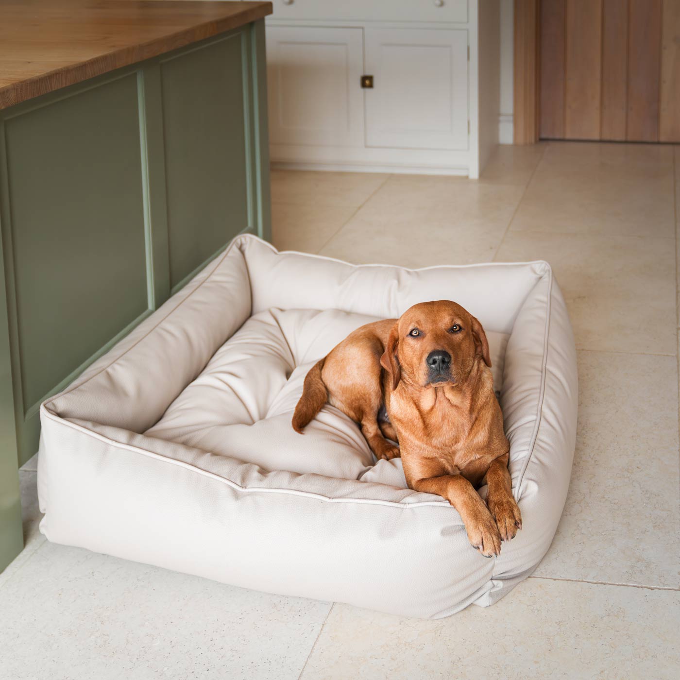 Luxury Handmade Box Bed in Rhino Tough Faux Leather, in Sand, Perfect For Your Pets Nap Time! Available To Personalise at Lords & Labradors