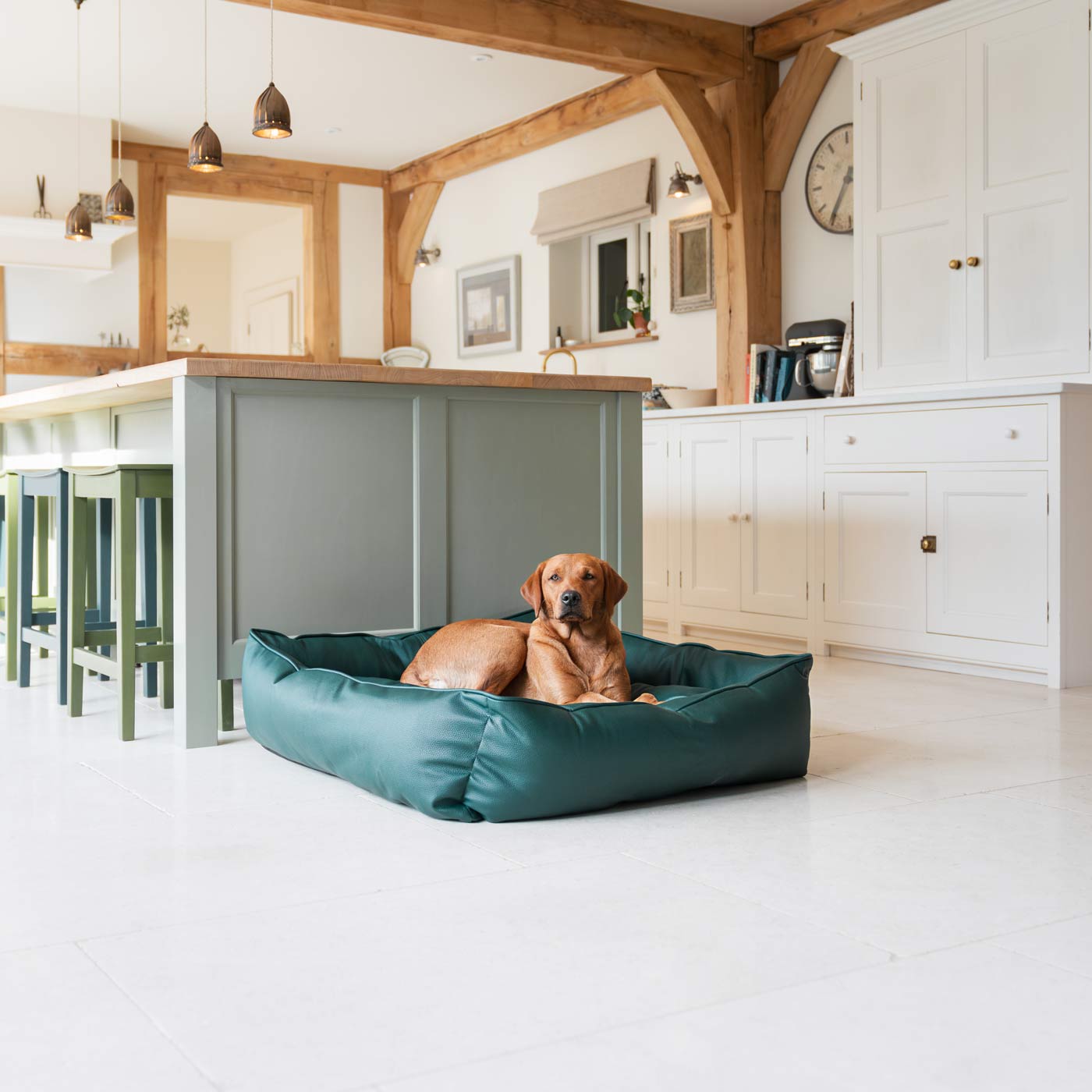 Luxury Handmade Box Bed in Rhino Tough Faux Leather, in Forest Green, Perfect For Your Pets Nap Time! Available To Personalise at Lords & Labradors