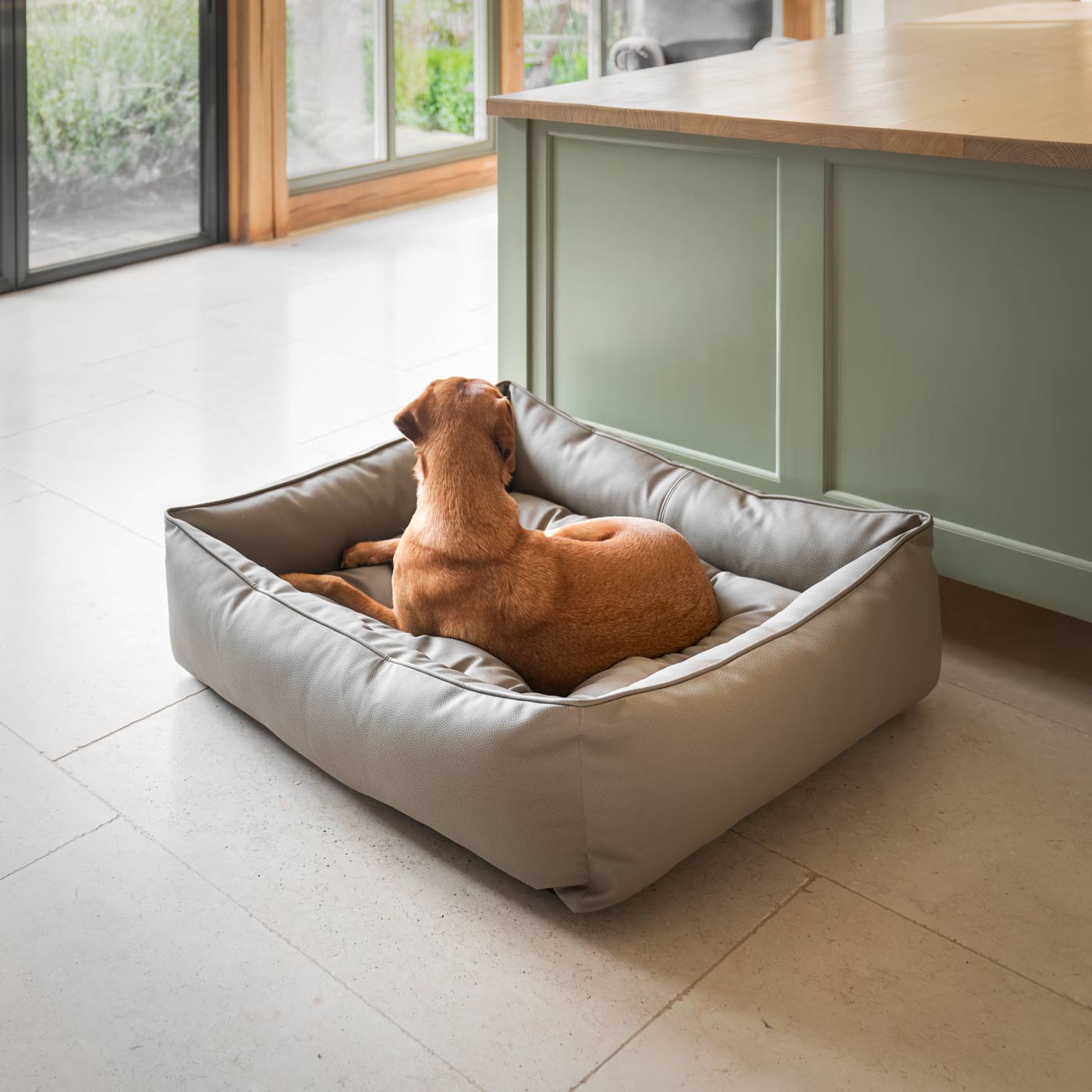 Luxury Handmade Box Bed in Rhino Tough Faux Leather, in Camel, Perfect For Your Pets Nap Time! Available To Personalise at Lords & Labradors
