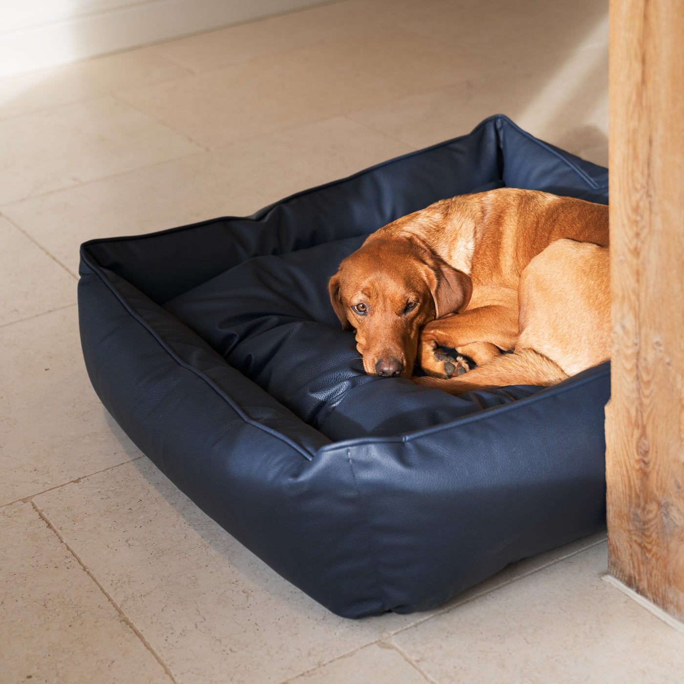 Luxury Handmade Box Bed in Rhino Tough Faux Leather, in Pacific, Perfect For Your Pets Nap Time! Available To Personalise at Lords & Labradors