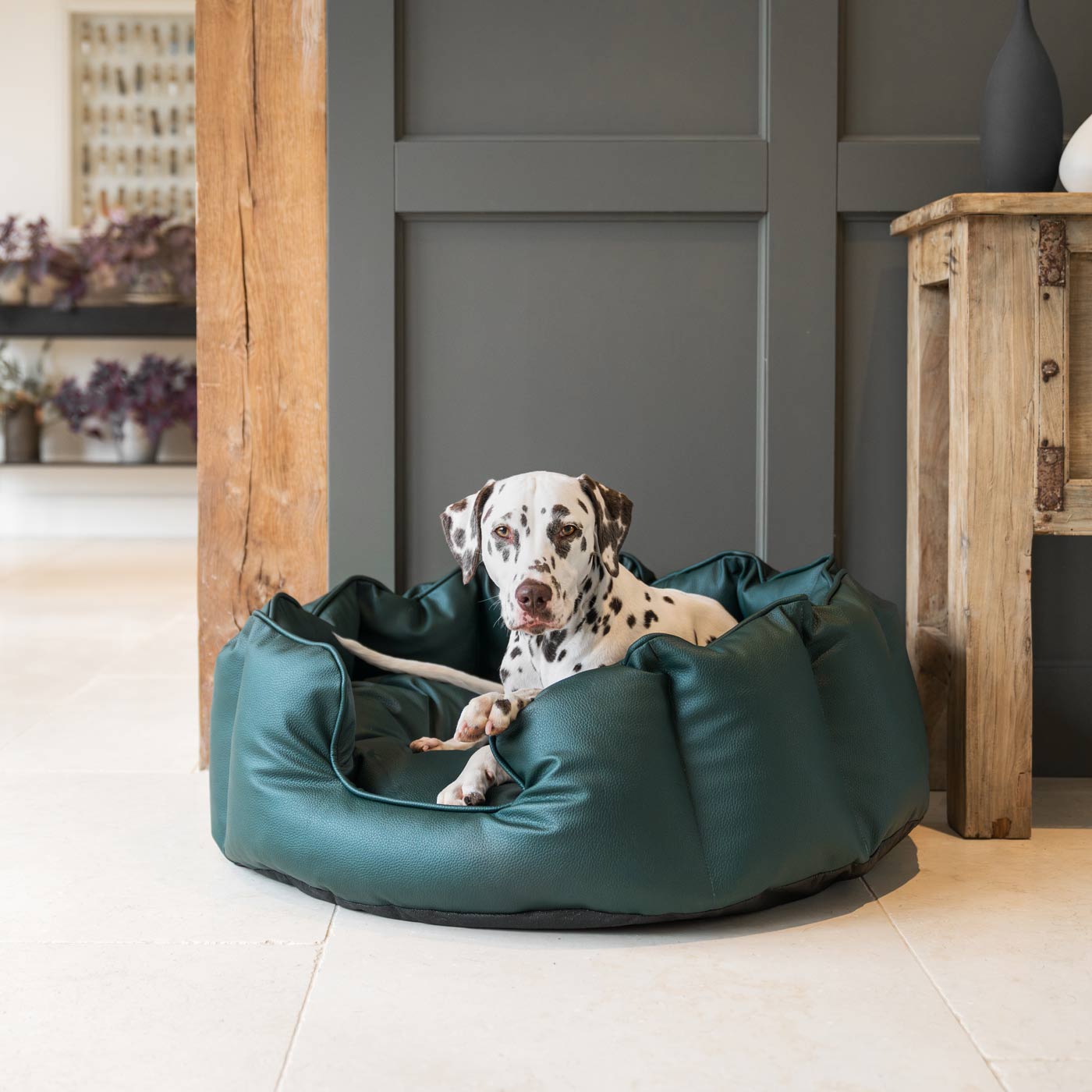 Luxury Handmade High Wall in Rhino Tough Faux Leather, in Forest Green, Perfect For Your Pets Nap Time! Available To Personalise at Lords & Labradors