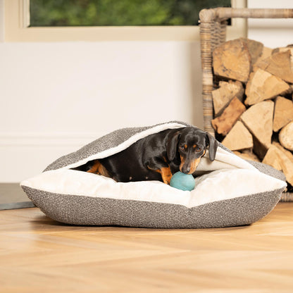 Luxury Boucle Sleepy Burrow, The Perfect bed For a Pet to Burrow. Available To Personalise In Stunning Granite Bouclé Here at Lords & Labradors