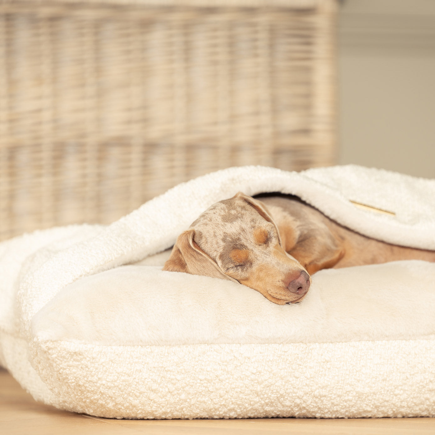 Luxury Ivory Boucle Sleepy Burrow, The Perfect bed For a Pet to Burrow. Available To Personalise In Stunning Ivory Bouclé Here at Lords & Labradors