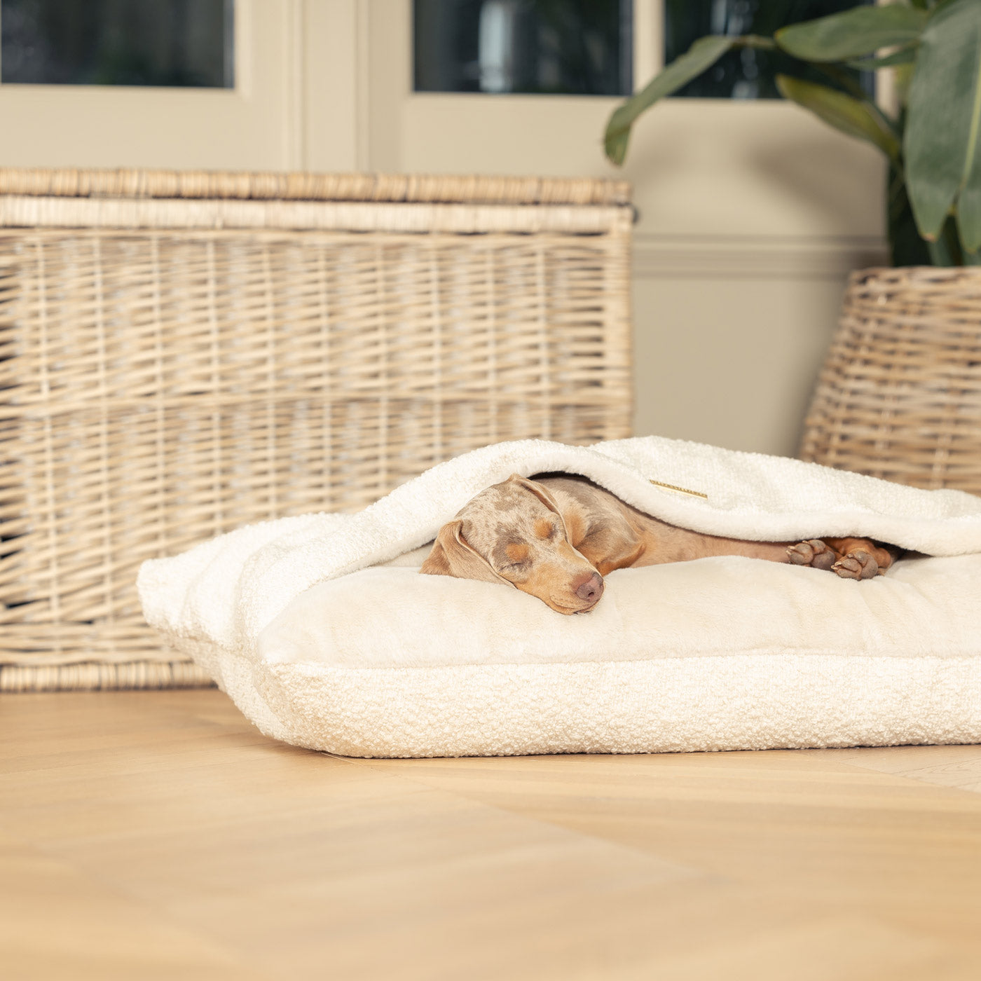 Luxury Ivory Boucle Sleepy Burrow Valentine Edition, The Perfect bed For a Pet to Burrow. Available To Personalise In Stunning Ivory Bouclé Here at Lords & Labradors