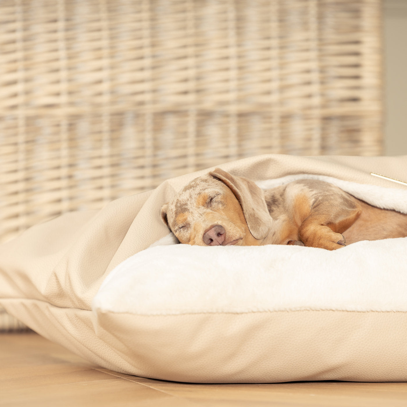 Lords & Labradors Sleepy Burrows Bed in Sand Rhino Faux Leather