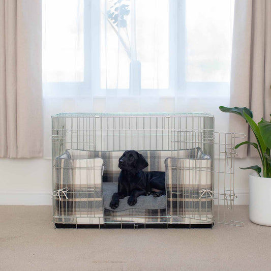 Luxury Dog Crate Bumper, in Charcoal Tweed Crate Bumper Cover, The Perfect Dog Crate Accessory, Available Now at Lords & Labradors