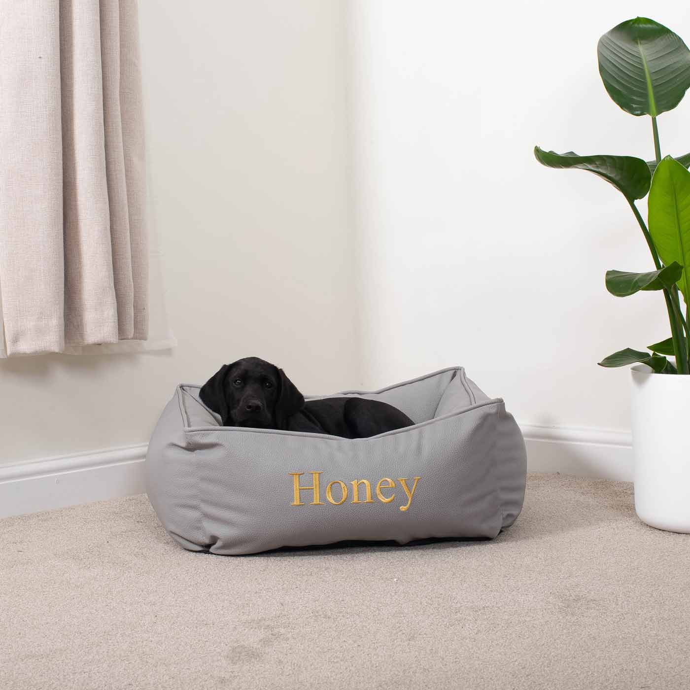 Luxury Handmade Box Bed in Rhino Tough Faux Leather, in Granite, Perfect For Your Pets Nap Time! Available To Personalise at Lords & Labradors