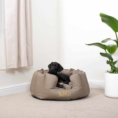 Luxury Handmade High Wall in Rhino Tough Faux Leather, in Camel, Perfect For Your Pets Nap Time! Available To Personalise at Lords & Labradors