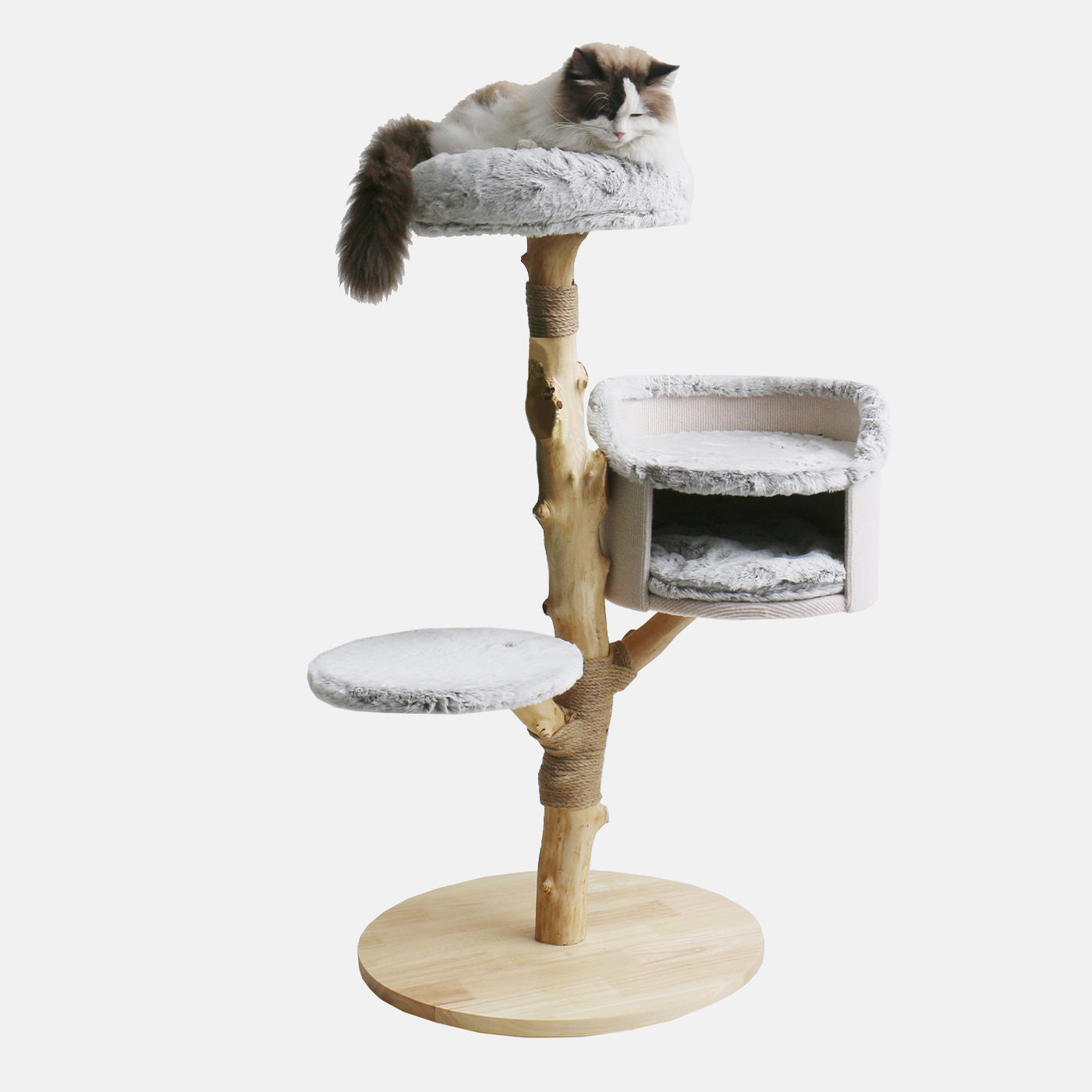 Discover our Back to Nature The Luxe Cat Scratch Post. Features Three Open Perches For Kittens To Rest on, Made With Super Soft Plush Fabric! Available Now at Lords & Labradors