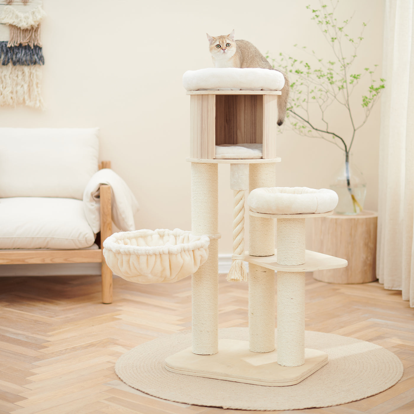 Discover our Luxury Helsinki The Loft Cat Tree. Present your cat with the perfect hideout! Crafted using durable and long-lasting wood that features multiple scratch posts for cats, hanging rope for playtime, a cosy hammock for snuggling into with multiple platforms and a den for pet burrow! Available now at Lords & Labradors