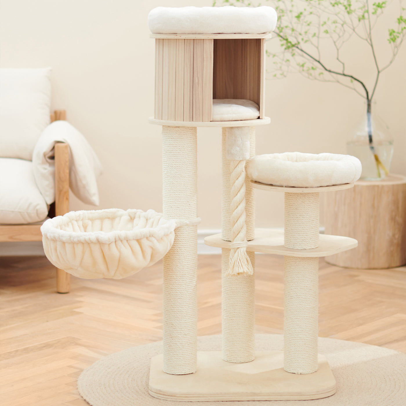 Discover our Luxury Helsinki The Loft Cat Tree. Present your cat with the perfect hideout! Crafted using durable and long-lasting wood that features multiple scratch posts for cats, hanging rope for playtime, a cosy hammock for snuggling into with multiple platforms and a den for pet burrow! Available now at Lords & Labradors