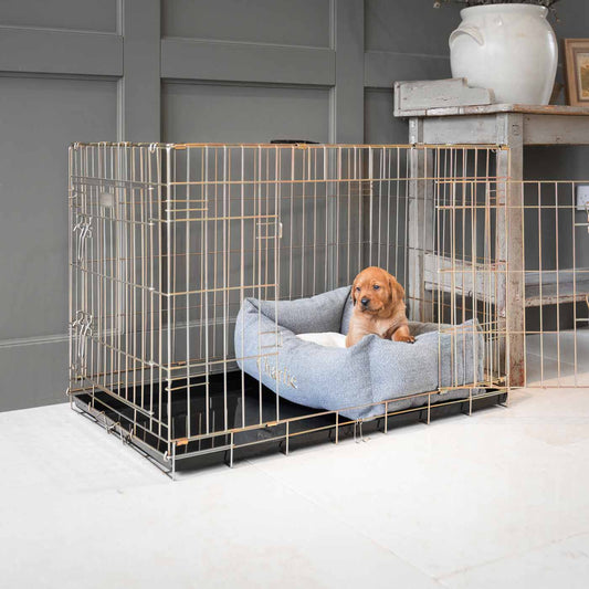 Discover Our Heavy-Duty Dog Crate With Pewter Herringbone Cosy & Calming Puppy Crate Bed Set! The Perfect Crate Bed For Pet Burrow. Available To Personalise Here at Lords & Labradors