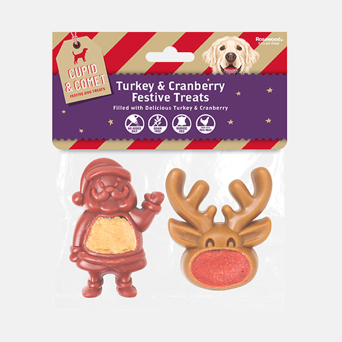 Rosewood Festive Filled Santa & Reindeer Rawhide Free Dog Treats, Delicious Santa & Reindeer Festive Dog Treats, Available Now at Lords & Labradors