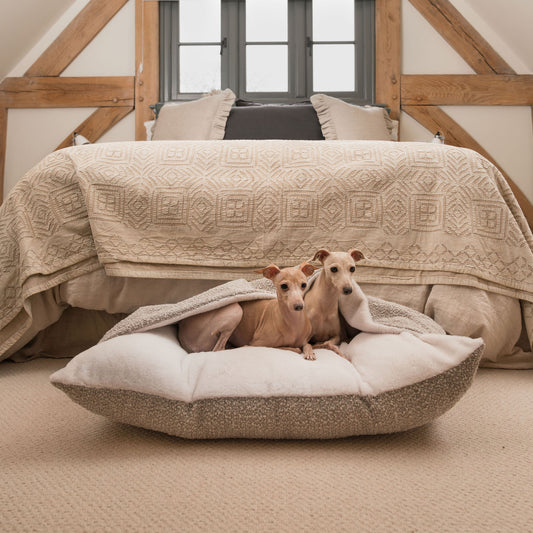 Luxury Mink Boucle Sleepy Burrow, The Perfect bed For a Pet to Burrow. Available To Personalise In Stunning Mink Bouclé Here at Lords & Labradors