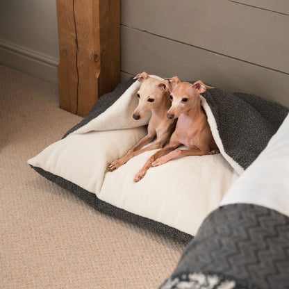 Luxury Boucle Sleepy Burrow, The Perfect bed For a Pet to Burrow. Available To Personalise In Stunning Granite Bouclé Here at Lords & Labradors