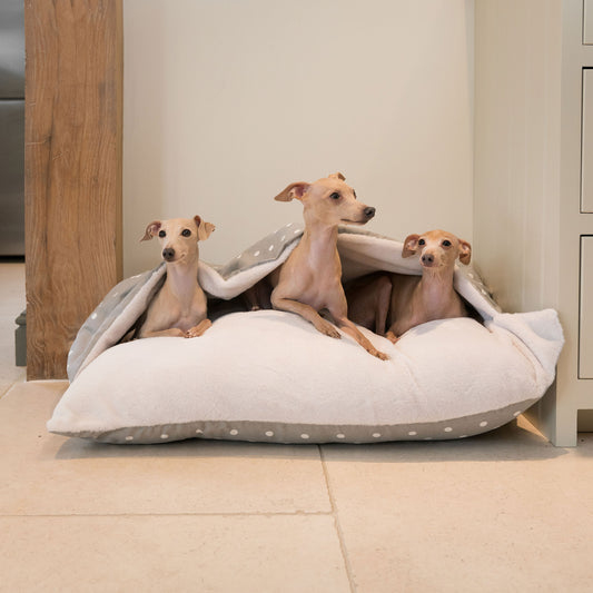 Discover The Perfect Burrow For Your Pet, Our Stunning Sleepy Burrow Dog Beds In Grey Spot, Is The Perfect Bed Choice For Your Pet, Available Now at Lords & Labradors 