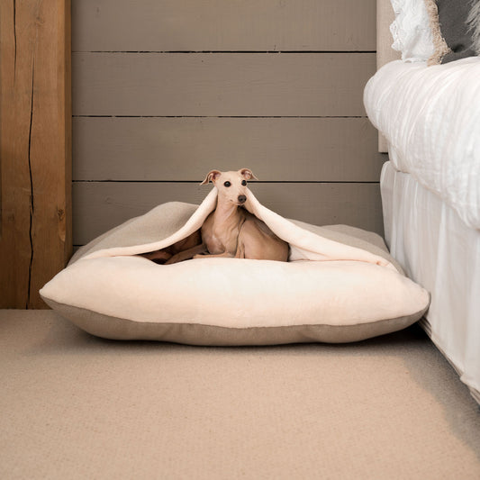 Discover The Perfect Burrow For Your Pet, Our Stunning Sleepy Burrow Dog Beds In Natural Herringbone Is The Perfect Bed Choice For Your Pet, Available Now at Lords & Labradors