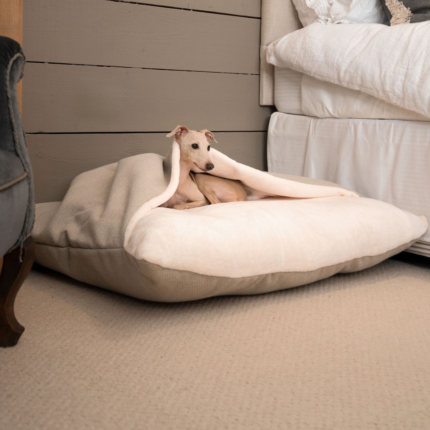 Discover The Perfect Burrow For Your Pet, Our Stunning Sleepy Burrow Dog Beds In Natural Herringbone Is The Perfect Bed Choice For Your Pet, Available Now at Lords & Labradors