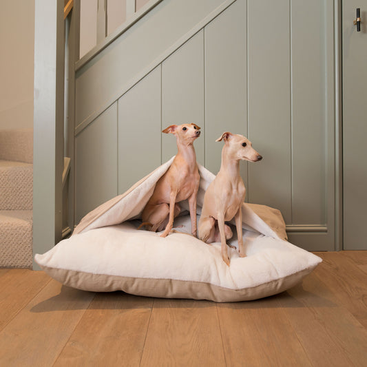 Luxury Savanna Sleepy Burrow, The Perfect bed For a Pet to Burrow. Available To Personalise In Stunning Savanna Oatmeal, Here at Lords & Labradors