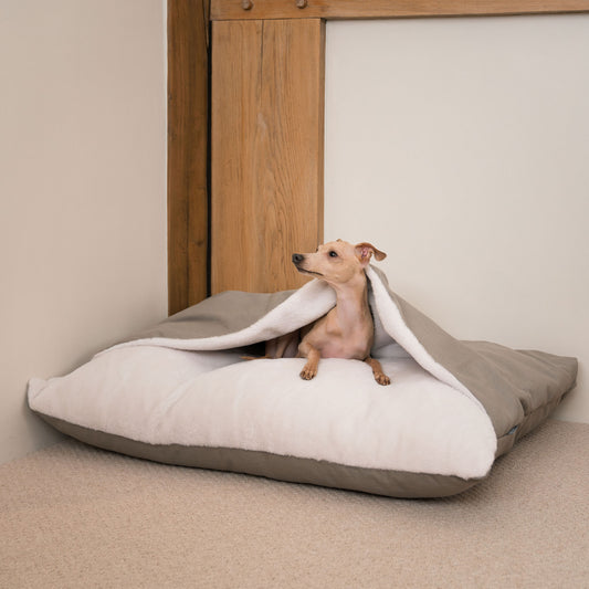 Luxury Savanna Sleepy Burrow, The Perfect bed For a Pet to Burrow. Available To Personalise In Stunning Savanna Stone, Here at Lords & Labradors