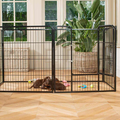 Ensure The Ultimate Puppy Safety with Our Heavy Duty 80cm High Black Metal Play Pen, Crafted to Take Your Pet Right Through Maturity! Powder Coated to Be Extra Hardwearing! 6 panels that are 80cm high and attachments to connect to any crate. The modular system allows you to change the puppy pen shape with multiple layouts! Available To Now at Lords & Labradors 
