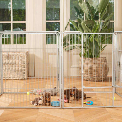 Ensure The Ultimate Puppy Safety with Our Heavy Duty 80cm High Silver Metal Play Pen, Crafted to Take Your Pet Right Through Maturity! Powder Coated to Be Extra Hardwearing! 6 panels that are 80cm high and attachments to connect to any crate. The modular system allows you to change the puppy pen shape with multiple layouts! Available To Now at Lords & Labradors    