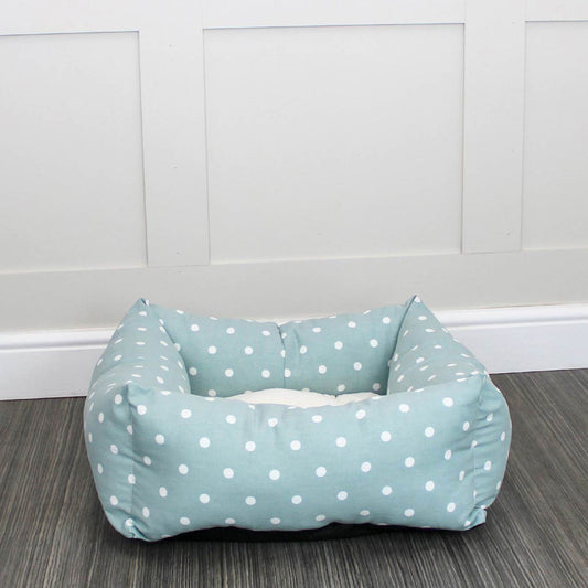 Luxury, Handmade Box Bed For Dogs, A Stunning Duck Egg Spot Dog Bed Perfect For Your Pets Nap Time! Available at Lords & Labradors